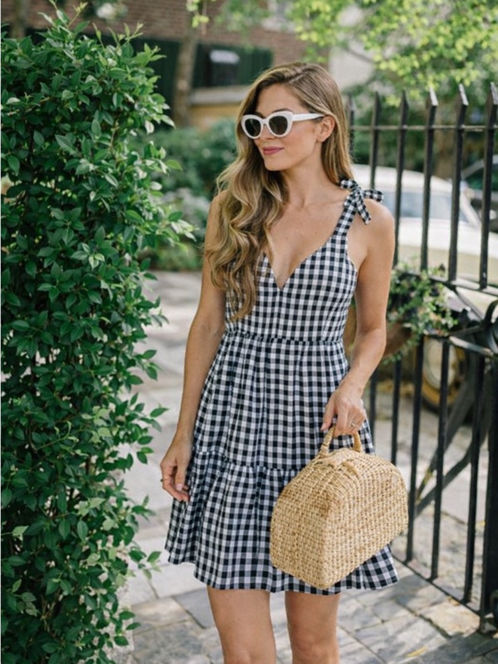 Gingham print v neck tie strap tiered mini dress black white preppy